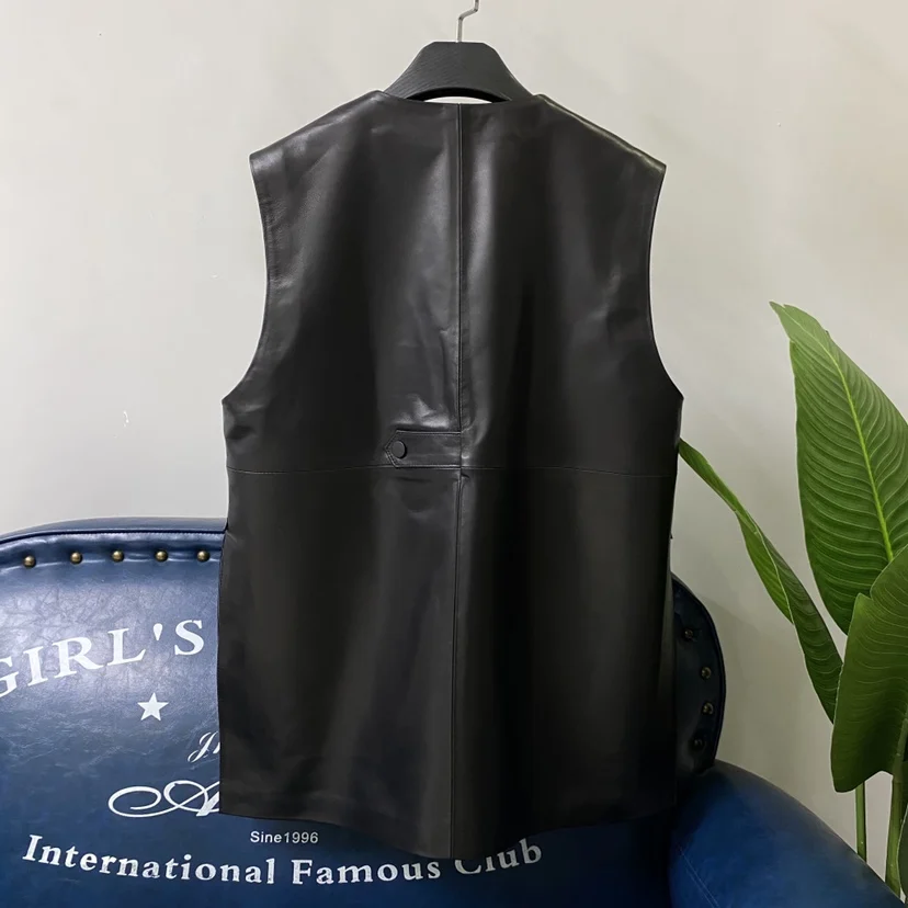 Chaleco de piel de oveja de cuero genuino de moda para mujer largo suelto Bla V-Ne Svel Jaet Simple Sle Crossbody Bule