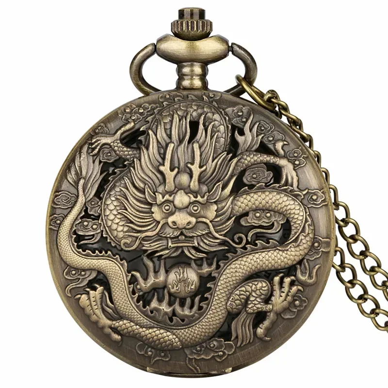 Antique Hollow Out Dragon Cover Roman Number Bronze Quartz Pocket Watch for Men Women Necklace Pendant Chain Gift Reloj