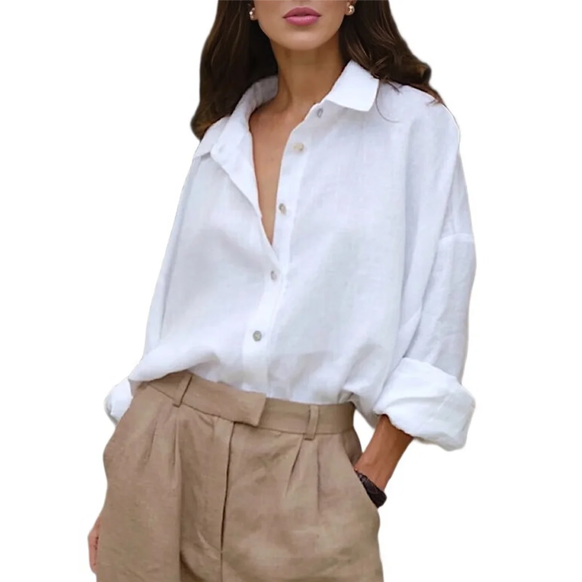 

Womens Button Down Shirts Long Sleeve Cotton Gauze Tops Casual Collared Blouses Loose Fit White S
