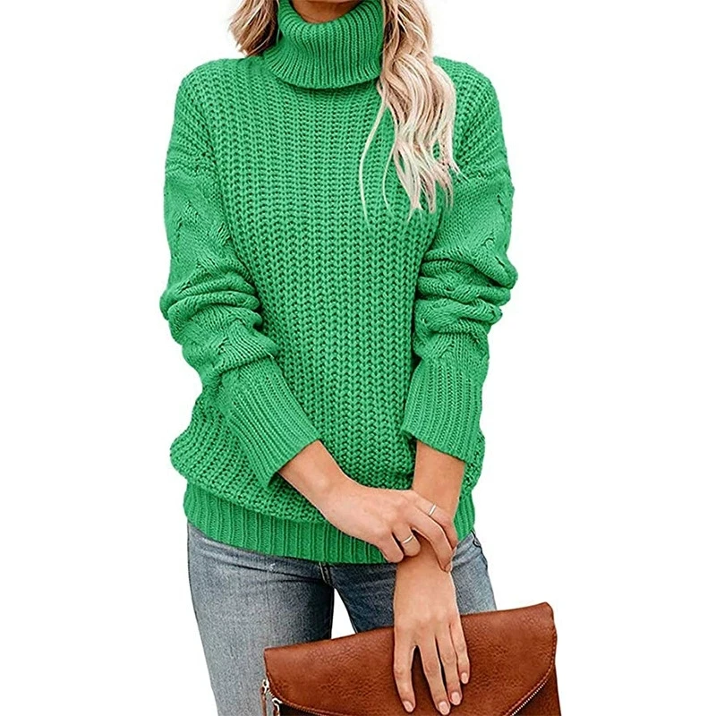 Autumn and winter women's long sleeved twisted flower high neck sweater, women's pullover sweater, knitted sweater