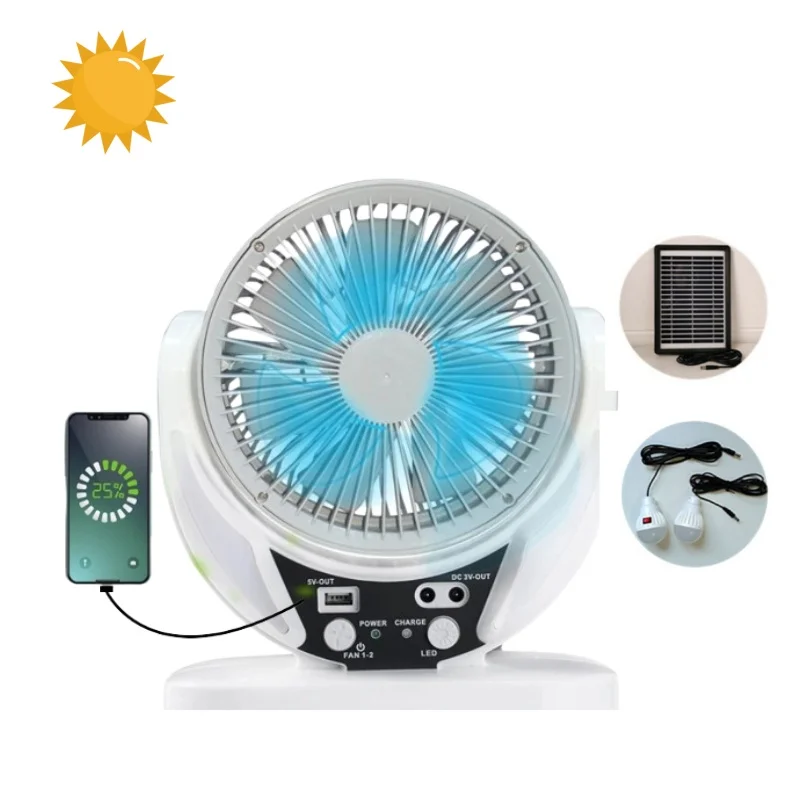 Ventilador portátil alimentado por Panel Solar, batería recargable con 2 luces, altura silenciosa ajustable, USB, ventilador de piso para arrastre