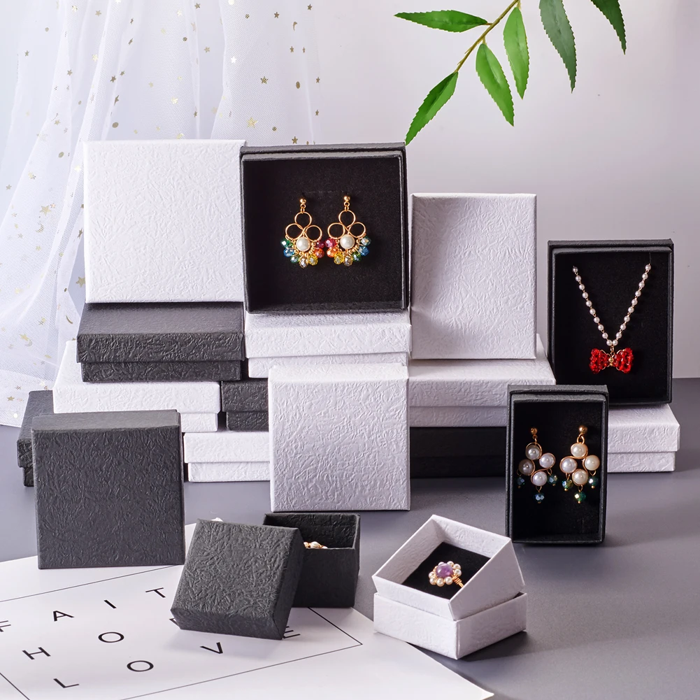 Joyero de cartón con patrón de arrugas, caja de almacenamiento de papel cuadrada rectangular, color blanco y negro, para joyería, embalaje de regalo