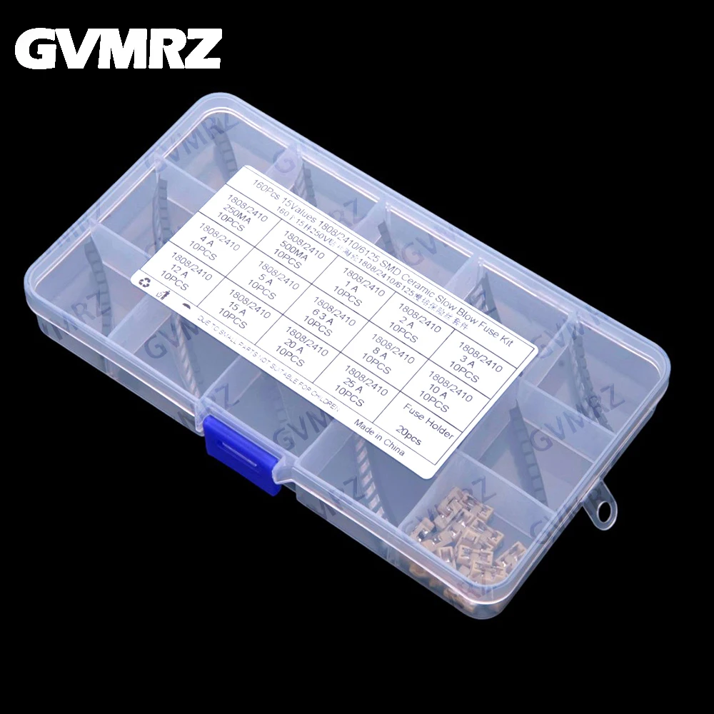 160PCS 15Values 1808 2410 6125 SMD Ceramic Slow Blow Fuse KIT 250MA 500MA 1A 2A 3A 4A 5A 6.3A 8A 10A 12A 15A 20A 25A