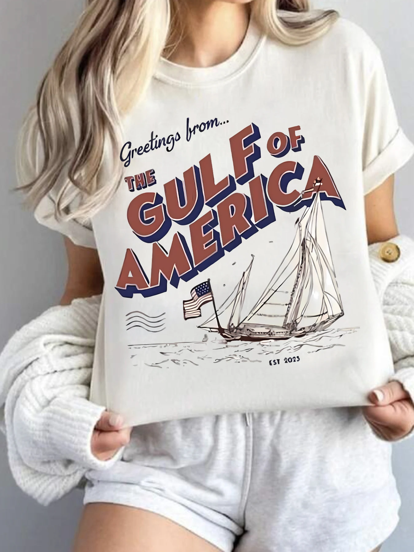 

American flag ship round neck plus size women T-shirt short sleeve trend printing elastic half sleeve T-shirt