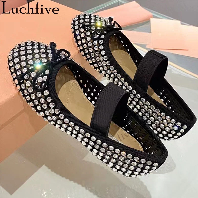 

Summer Luxury Crystal Dance Shoes Women Mesh Rhinestone Round toe Thin Flat shoes Mary Jane Brand Ballet Flats Shoes Woman