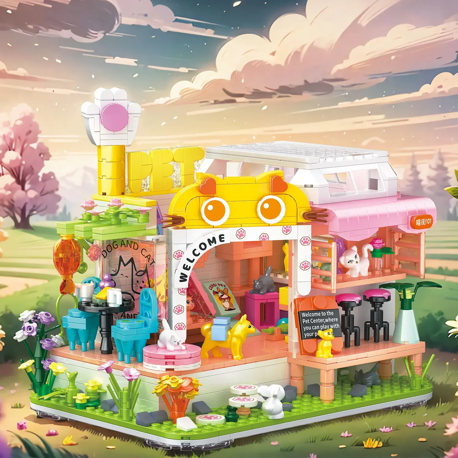 MOC น่ารักแมวสุนัขสัตว์เลี้ยง House Building Blocks ชุด Leisure Store ซูเปอร์มาร์เก็ต Shop การศึกษา DIY ของเล่นเด็กวันเกิดวันหยุดของขวัญ