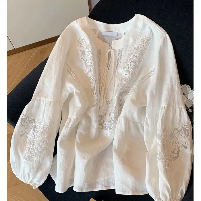 

French Hollow Embroidery Lace Up Long Sleeve Shirt for Women's New Chinese Style Niche Elegant Top