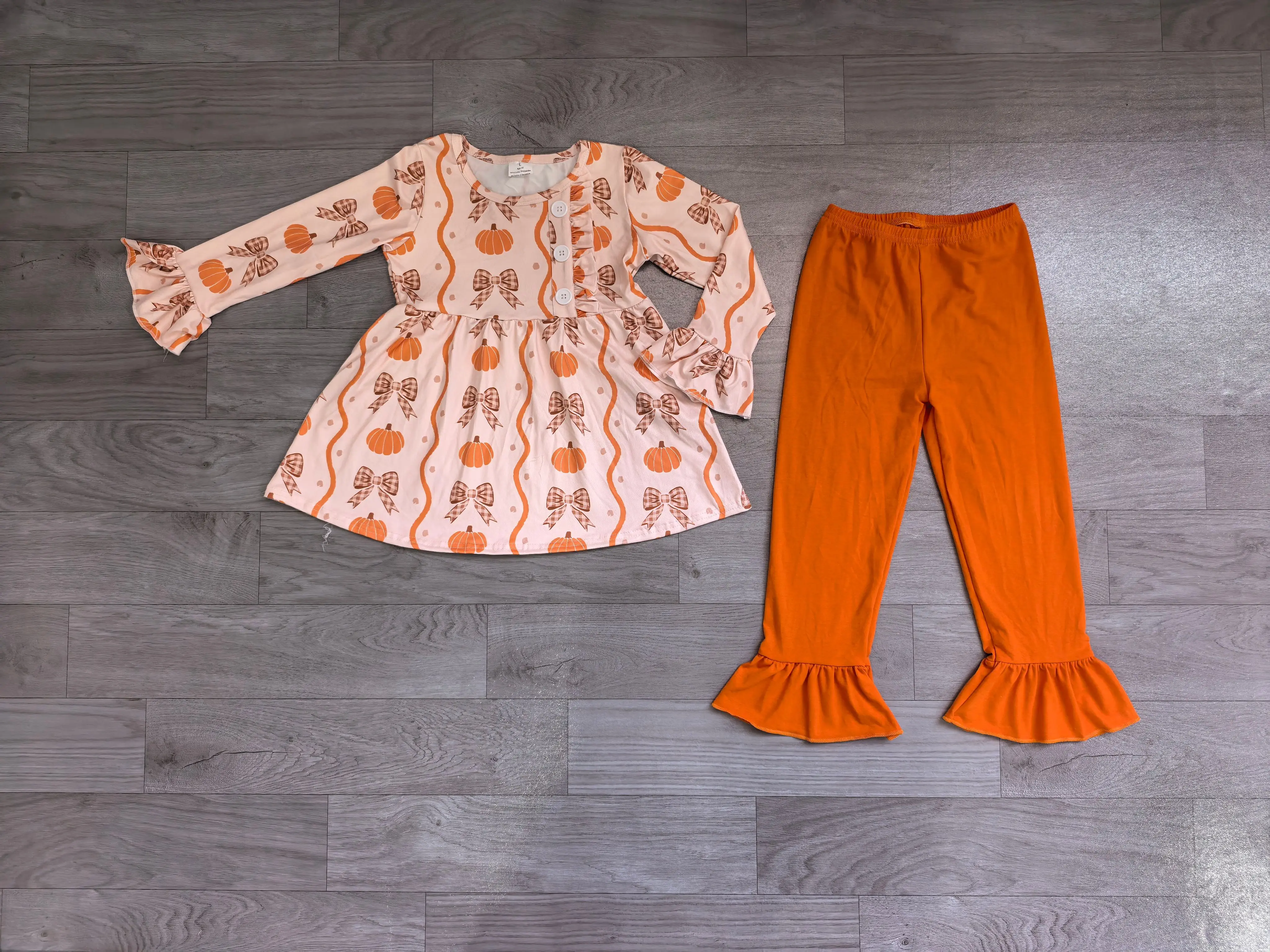 Wholesale Toddler Girls Thanksgiving Kids Set Long Sleeves Pumpkins Bows Tunic Orange Pants Children Outfit Girl Fall Clothes