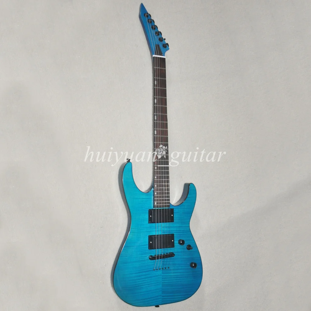 Flyoung 6 Strings Blue Strings Through Body Electric Guitar with Flame Maple Veneer Rosewood Fretboard 24 Frets