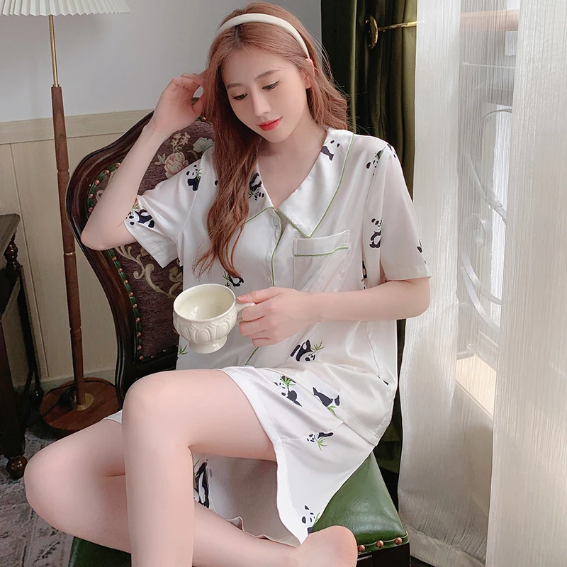 Women Sleepwear Summer Pajamas Set for Women Fake Silk Print Sweet Pijama Set Girl Nightgown Loose Waist Short Pant Silk Pajamas