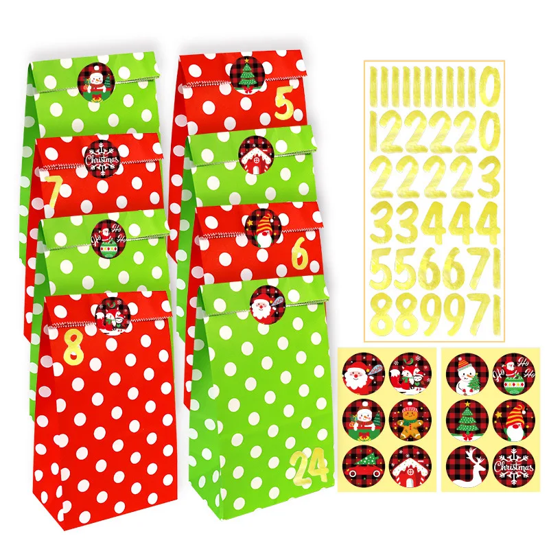 Christmas Gift Bags 24 Advent Calendar Count Down Polka Dots Paper Bag Pockets Party Gifts Packaging Supplies Noel Navidad Natal