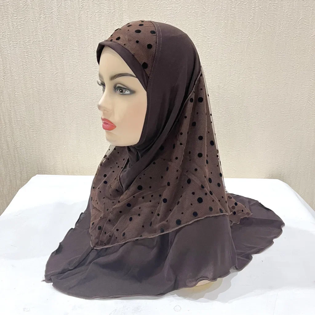 

Size 73*60cm Hijabs Polka Dot Muslim Women Headscarf Mesh Ruffles Amira Instant Scarf Turban Pull On Ready To Wear Niqab 12pcs