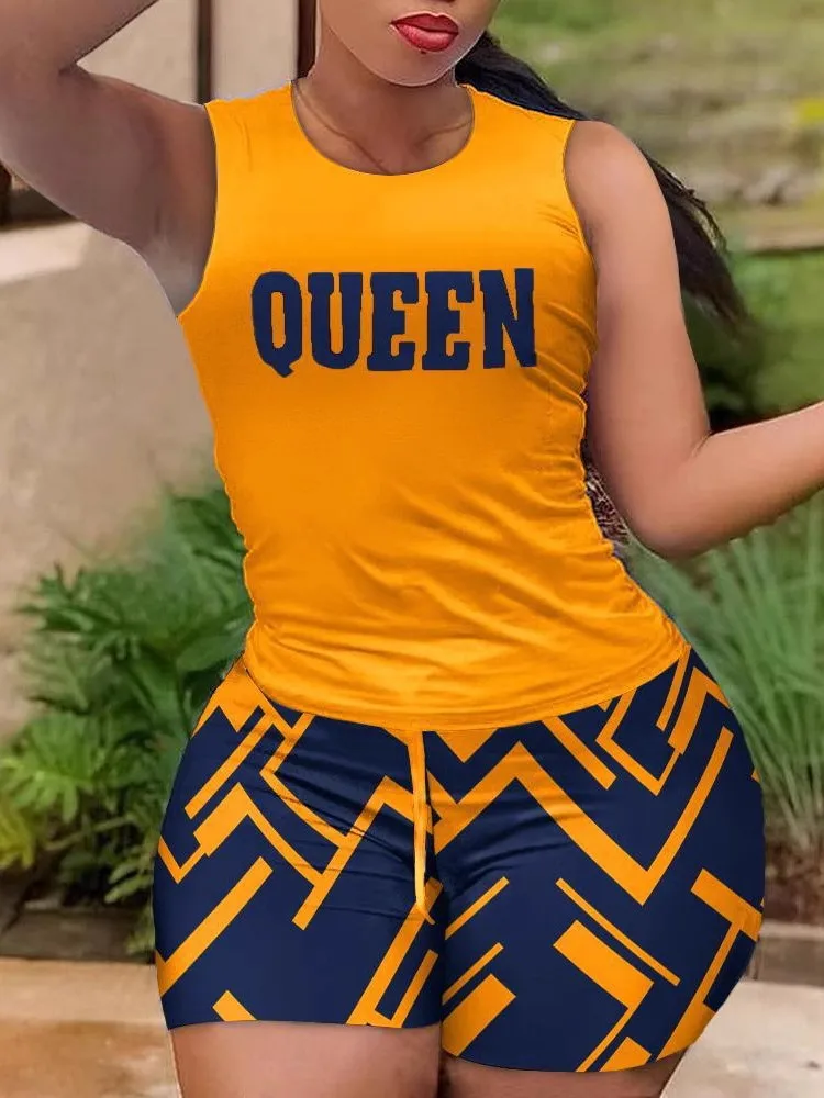 

Красивые женские короткие комплекты с принтом 2025, комплект из двух предметов, спортивный костюм без рукавов, жилеты с круглым вырезом, брюки на шнурке, комплект, летние костюмы