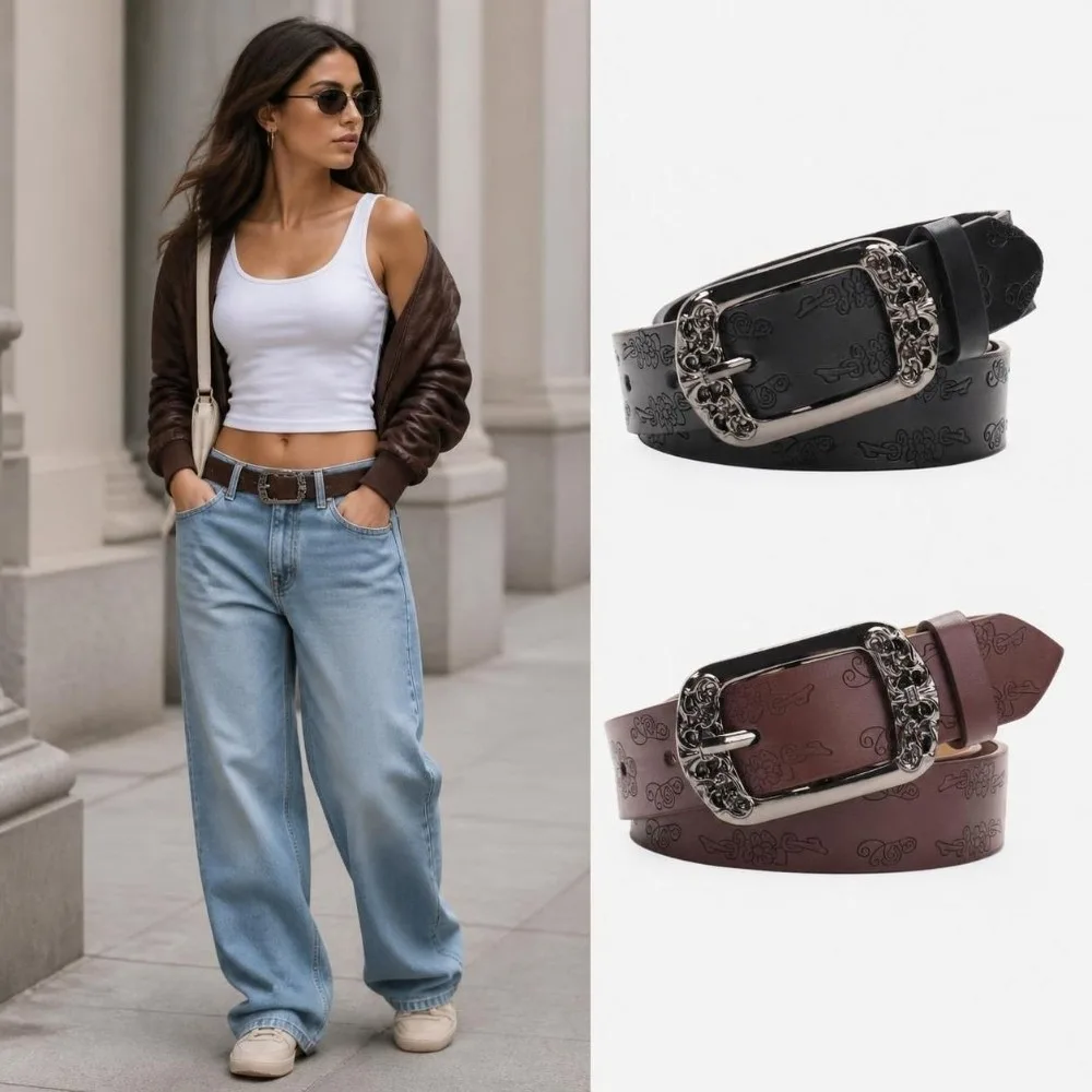 Alloy Pin Buckle Embossed PU Leather Belt Adjustable Faux Leather Decorative Waist Strap Unisex Design Antique Metal Buckle