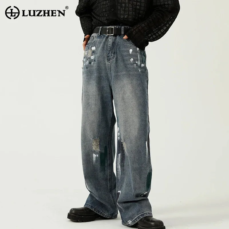 

LUZHEN Spring Patched Washed Straight Design Jeans Stylish Scrawl New Men Personalized Trendy Street Wide Leg Denim Pants JY5990