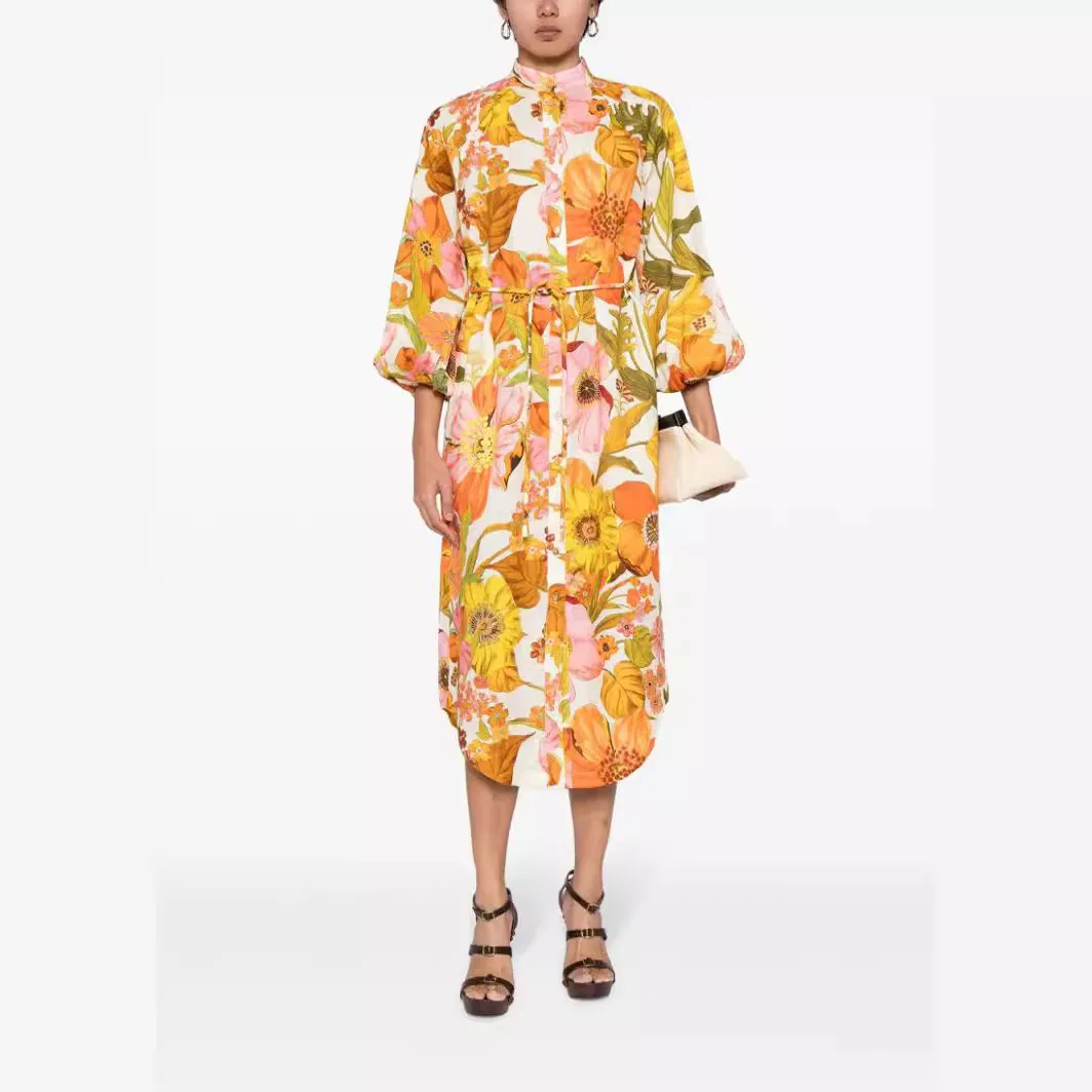 Sukienki maxi z kwiatowym nadrukiem, bufiastymi rękawami, eleganckie, z dekoltem typu O, sznurowane, sukienki na wakacje, plażę, imprezę.