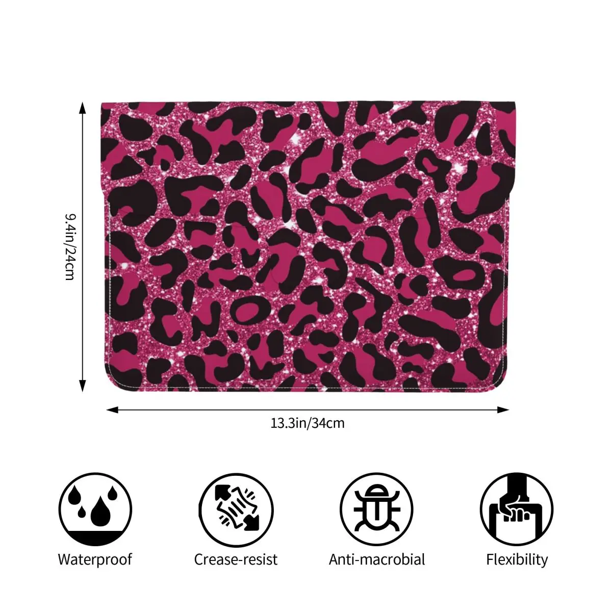 Pink Glitter Sparkly Leopard Pattern PU Leather Horizontal Laptop Sleeve Shockproof Soft Lining Notebook Case 13 Inch