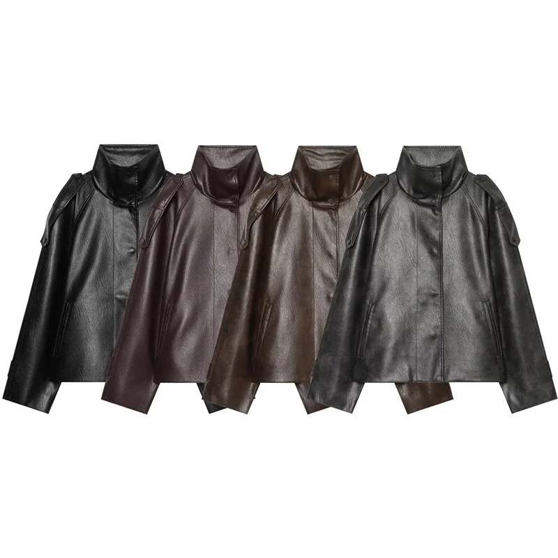 Guobioziy 2026 Fall New Style Women's Jacket Solid Color Long Sleeve Faux Leather Simple Biker Jacket Parka Trendy and Fashion