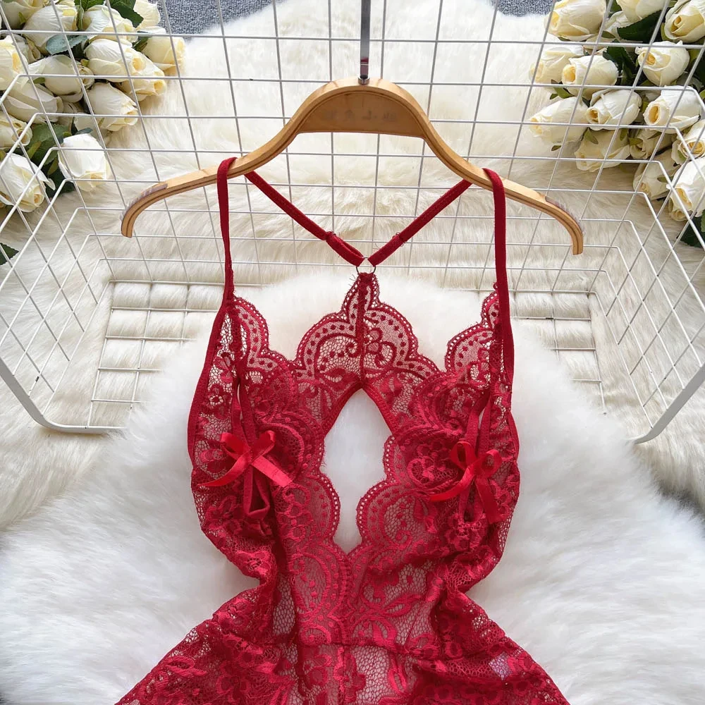 بدلة نسائية مجوفة بحزام مكشوف الظهر ، رقبة حرف V عميقة ، دانتيل شفاف ، بدلة ضيقة بفيونكة ، ملابس داخلية مثيرة ، بيجامات ، رومبر ملابس نوم
