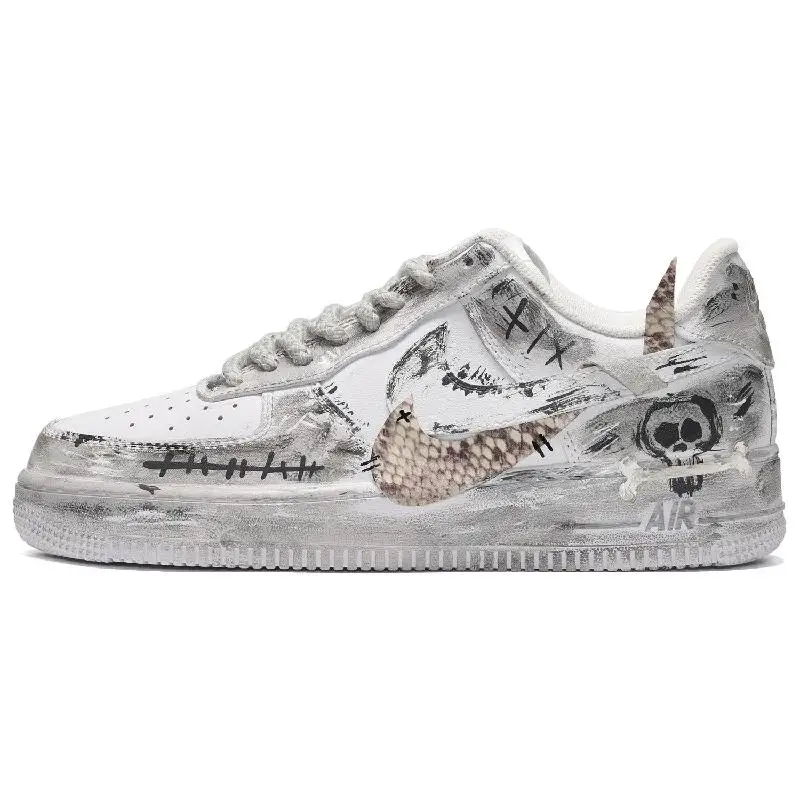 

[Невероятный женский стиль с серовато-белыми костями] Низкие туфли для скейтборда Nike Air Force 1, Cus Id, женские серо-белые