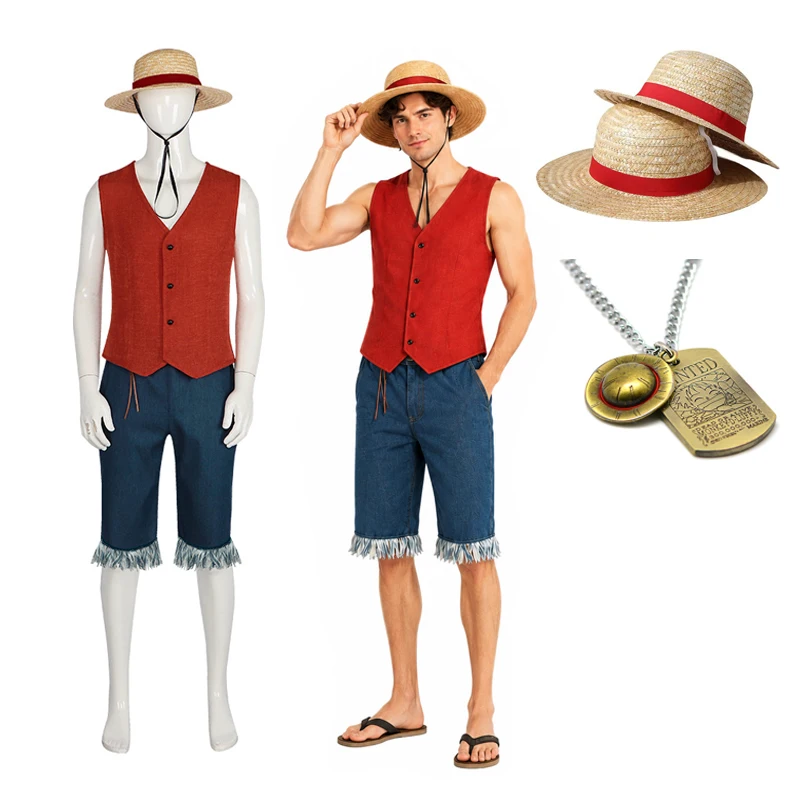 Disfraz de cosplay de Monkey D. Luffy para hombre, conjunto de anime para fiesta de Halloween con chaleco rojo, shorts, sombrero de paja y cuerda