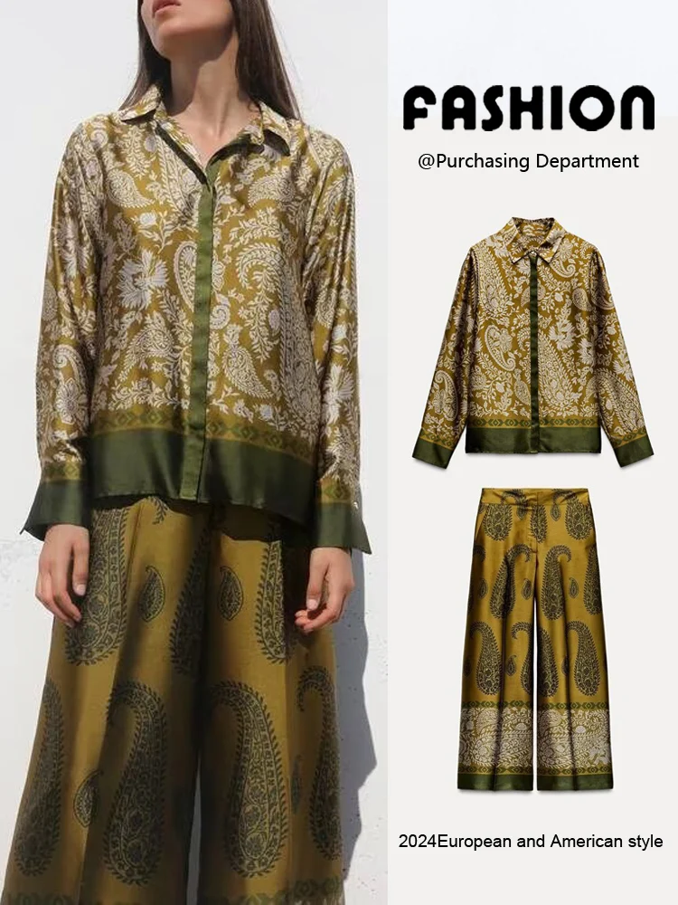 

New Women's Long Sve Silk Satin Print Top And Pants Set Autumn 2024 Faion High Quali Material Comfortable Fit