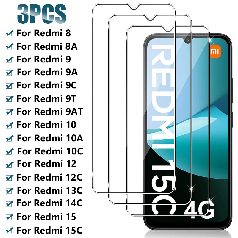 

3PCS Full Tempered Glass For Xiaomi Redmi 10C 10 10A 9 9A 9C 9T 8 8A Screen Protector For Redmi 15 15C 14C 13C 12C 12 5G Glass