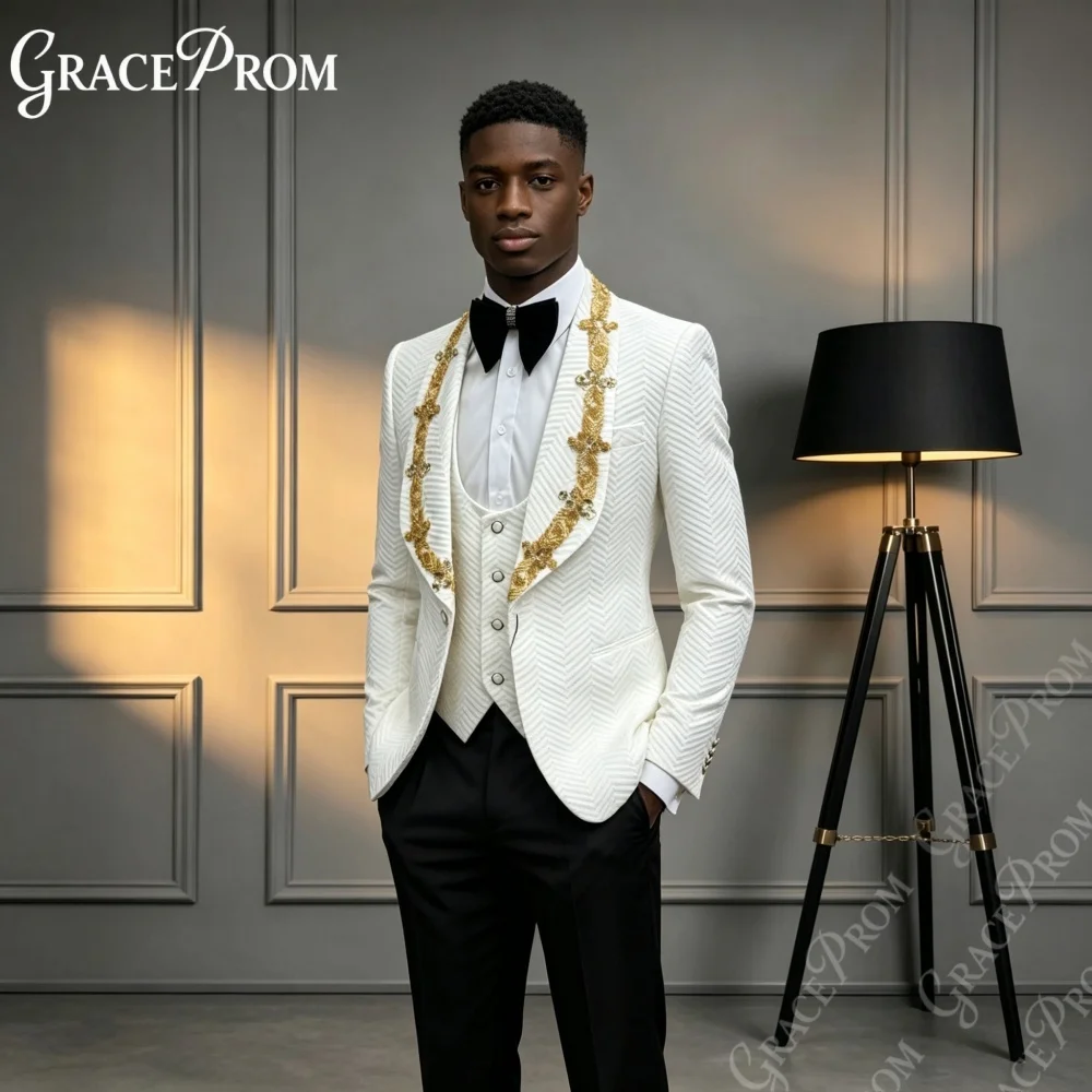 Premium Gold Embroidered Men Suit 3 Pieces Formal Party Wear Premium Shawl Slim Fit Tuxedo Sets White Wedding Groom Suits S‑3XL