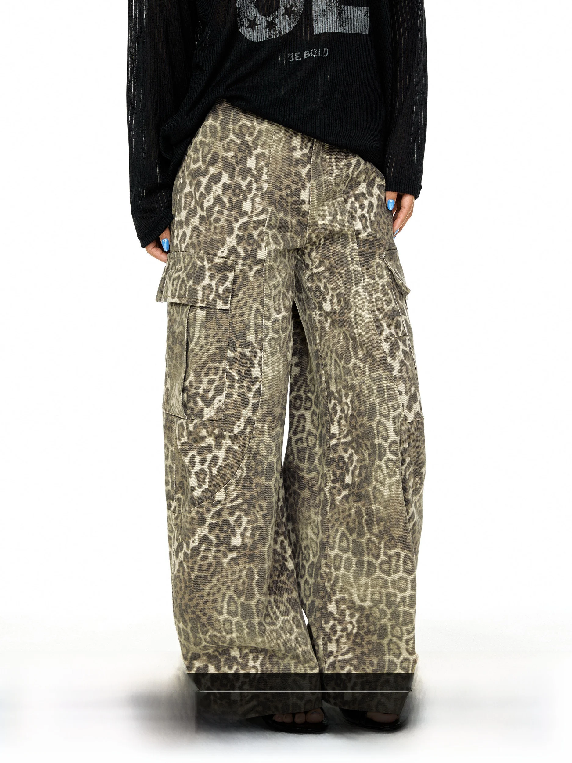 

American Retro Leopard Print Workwear Jeans Loose Summer Casual Wide Leg Floor-Length Pants Multiple Pockets Casual Ladies Jeans