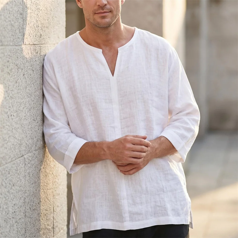 Herren Langarm-T-Shirt aus Baumwolle und Leinen V-Ausschnitt Lässig Einfarbig V-Ausschnitt Leicht Atmungsaktiv Bequeme T-Shirts für Männer – Detail 4