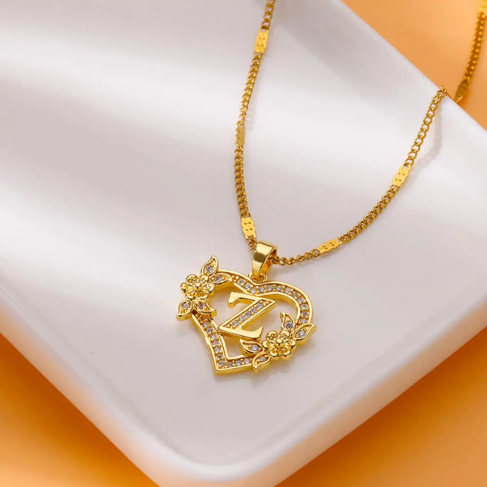 Zirkon Blume Initialen Halsketten Für Frauen Edelstahl Herz Gold Farbe Brief Kette Kragen 2025, Neue Trend Hochzeit Schmuck – Detail 6