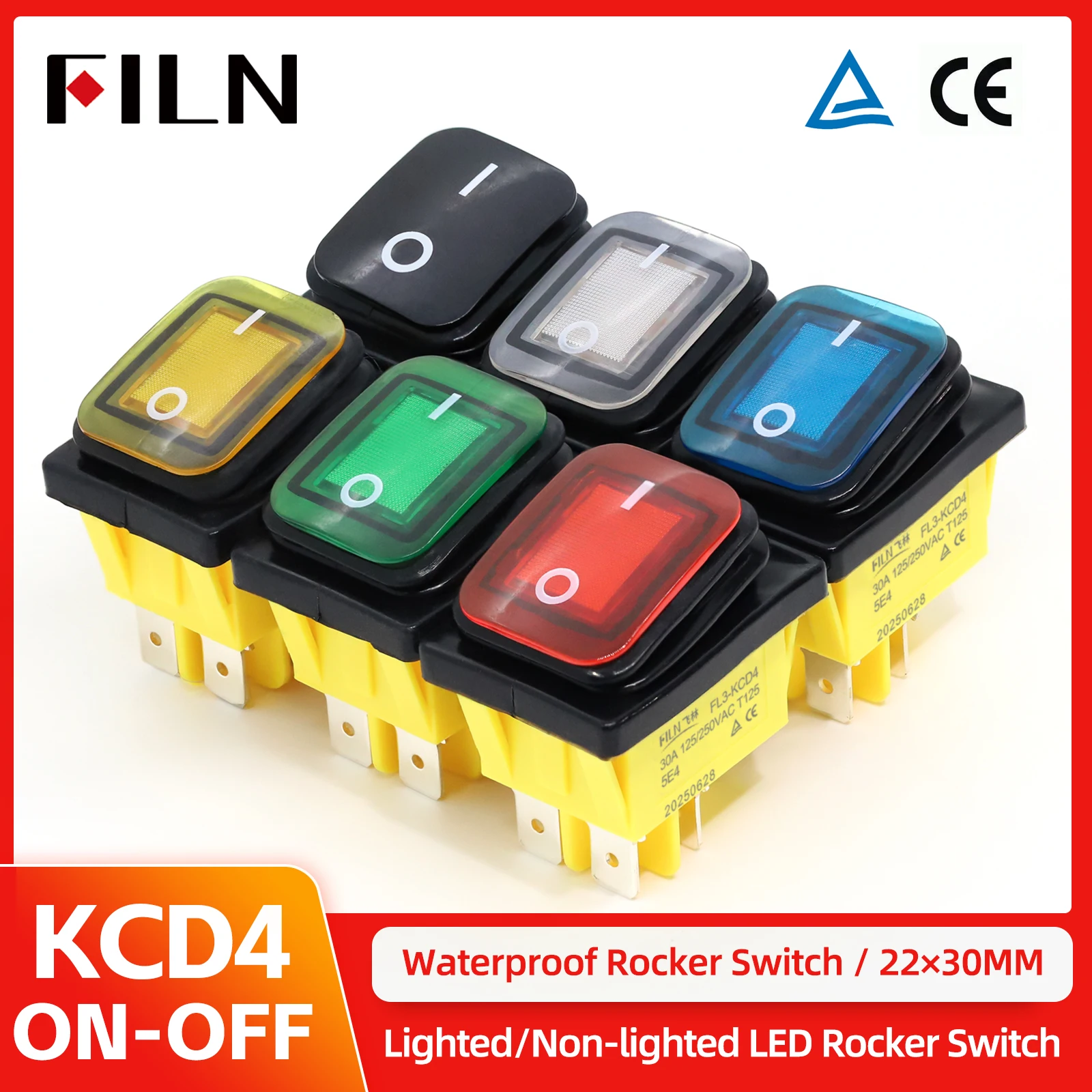 FILN 20A 250V Heavy Duty 4Pin DPST Rocker Switch IP65 Waterproof Sealed LED 12V  24V 110V 220V 30x22 ON OFF for Auto Boat Marine