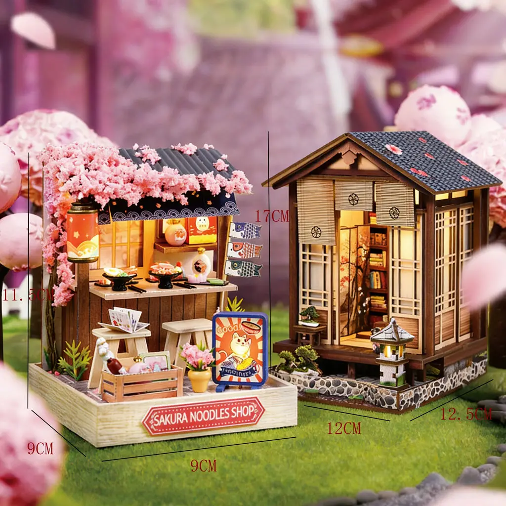 

2-in-1 DIY 3D Wooden Bookend Model Kits - Japanese Courtyard & Sakura Noodle Shop Miniature Handmade Birthday Gift Toy