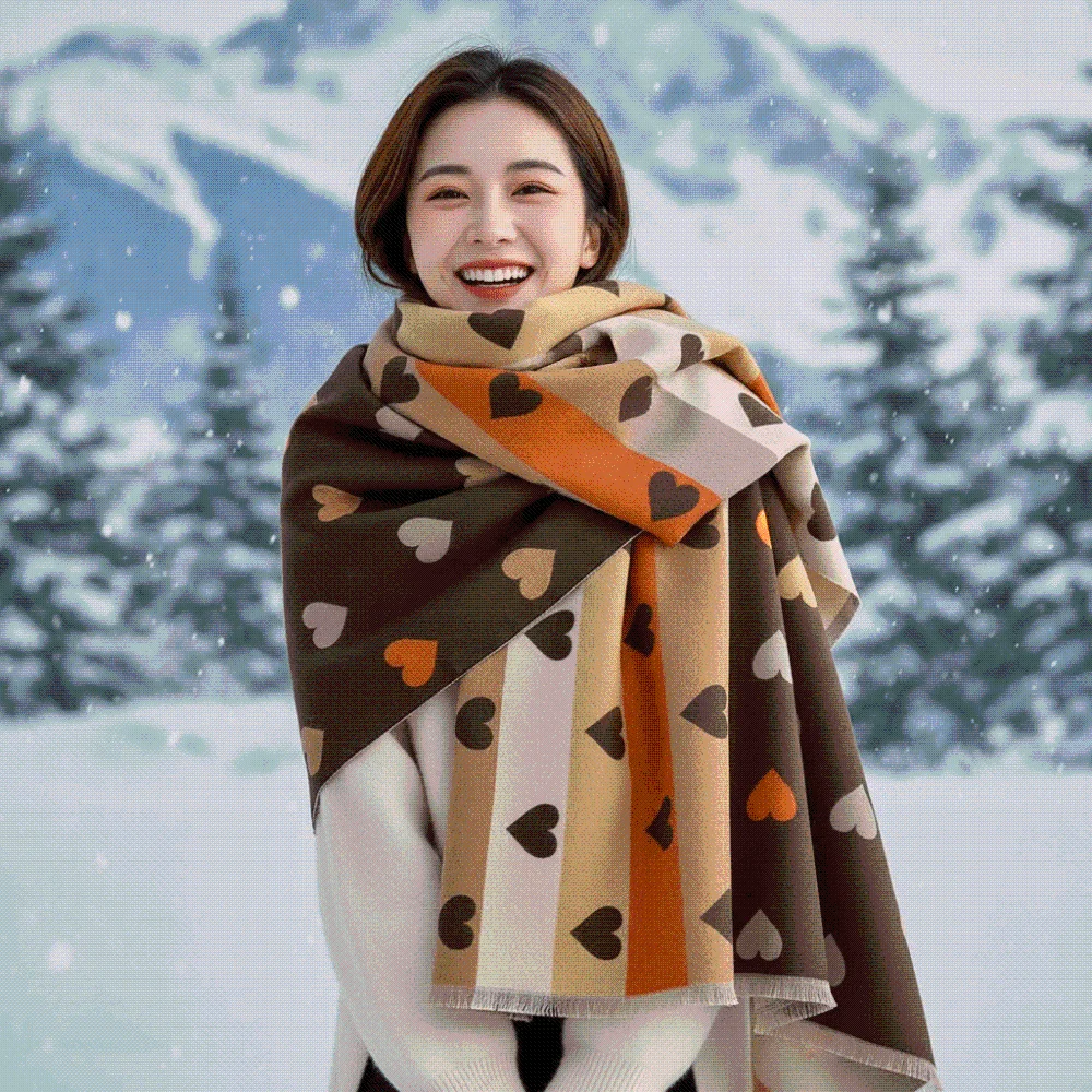 Thick Heart Pattern Scarf Soft Fringed Faux Cashmere Wrap Multi Color Double Sided Winter Warm Shawl Daily Wear