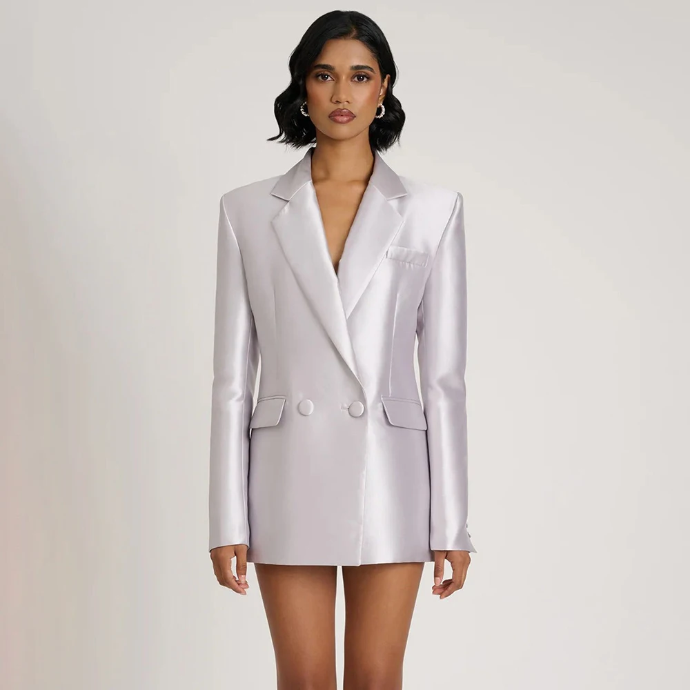 Women's White Satin Blazer Dress Double Breasted Long Sleeve Notched Lapel Formal Party Midi Jacket Elegant 1 Piece Set
