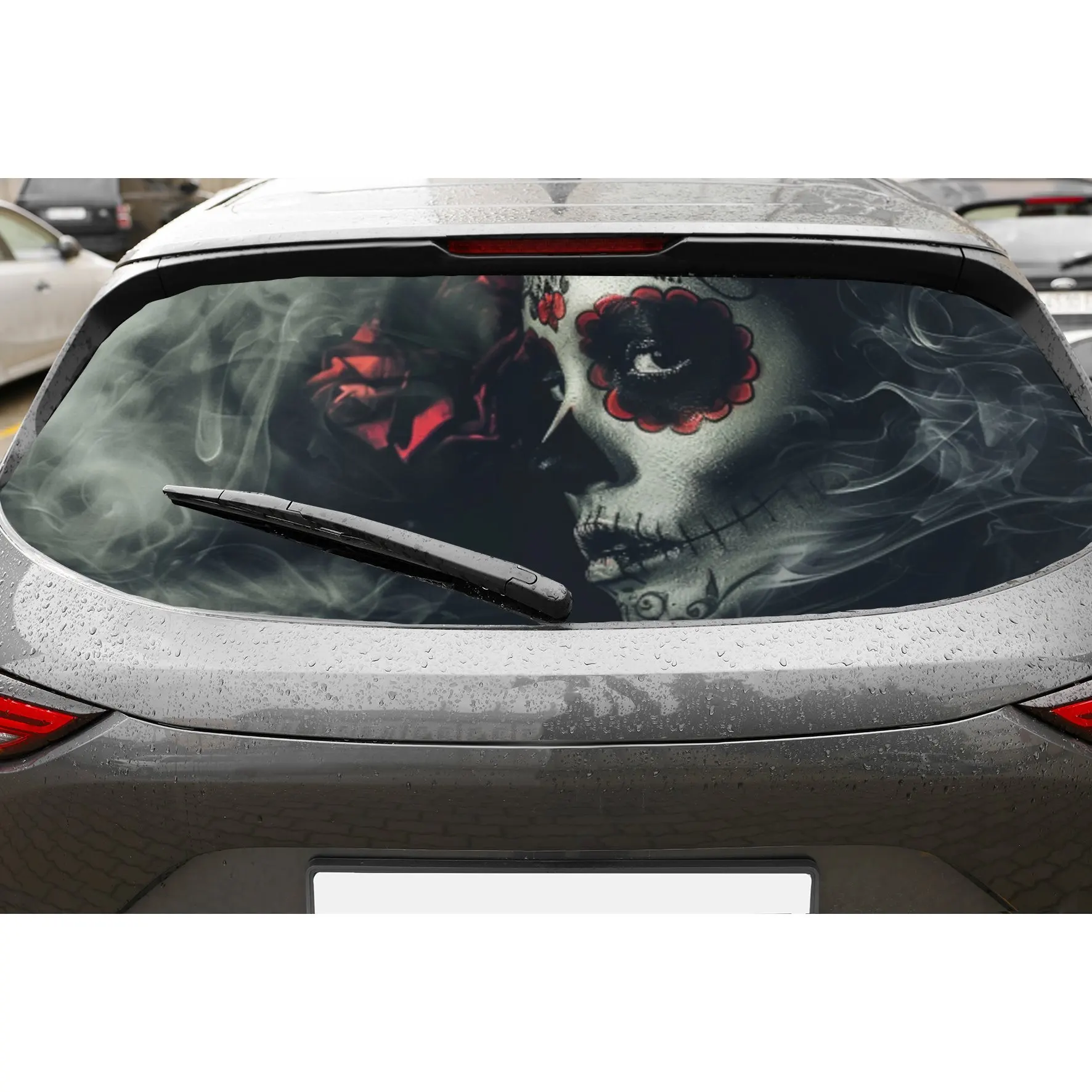 

Skull in Smoke and Red Patterns Car Rear Window Vinyl Wraps, Waterproof Self-adhesive Car Vinyl Wraps, Surface Protection, Perso