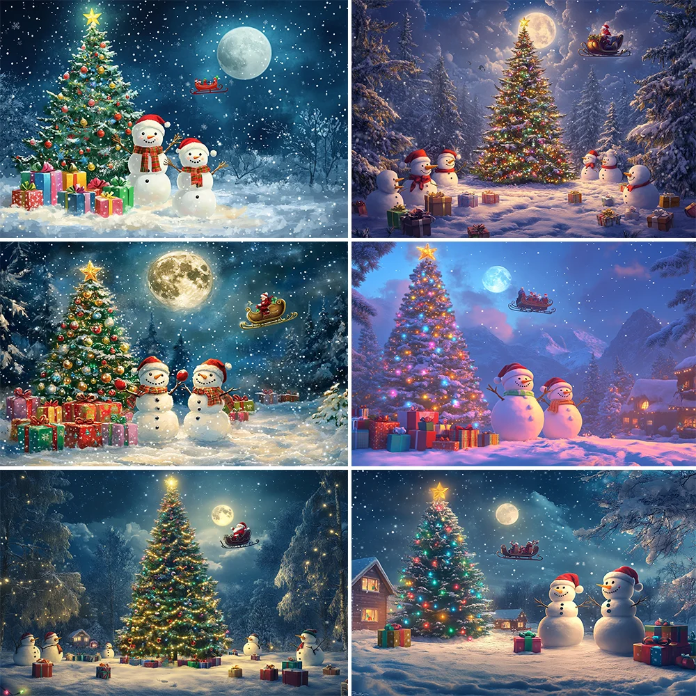 

Christmas Tree Photography Background Forest Colorful Lamp Gift Party Decoration Snowman Santa Claus Photo Backdrop