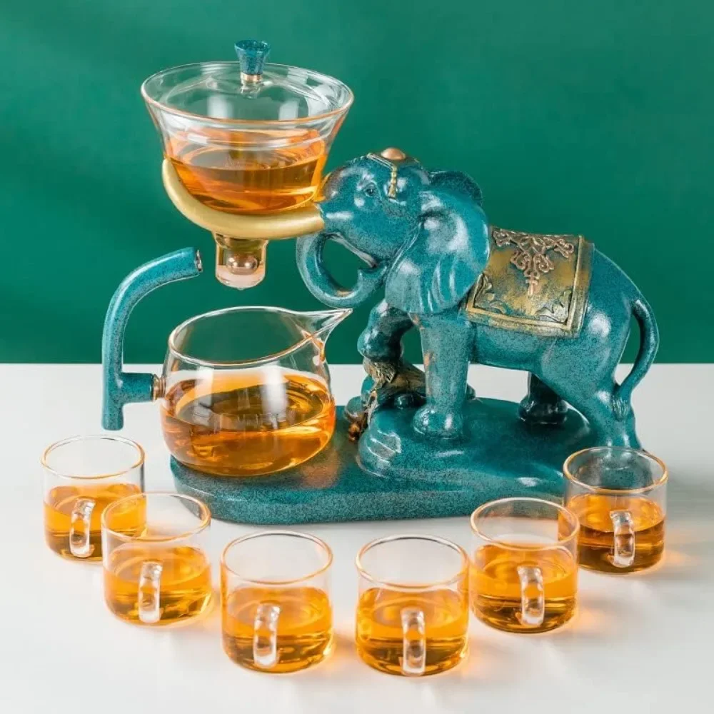 Tea Set Semi Automatic Drip Rotating with Infuser Glass Teapot (Elephant Tea Set+6 Cups), Easy To Clean, Teaware Sets