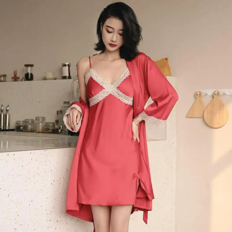 Robe Sexy en Satin et dentelle pour femmes, ensemble 2 pièces, vêtements de maison décontractés, peignoir, Lingerie intime, vêtements de nuit, nouvelle collection été