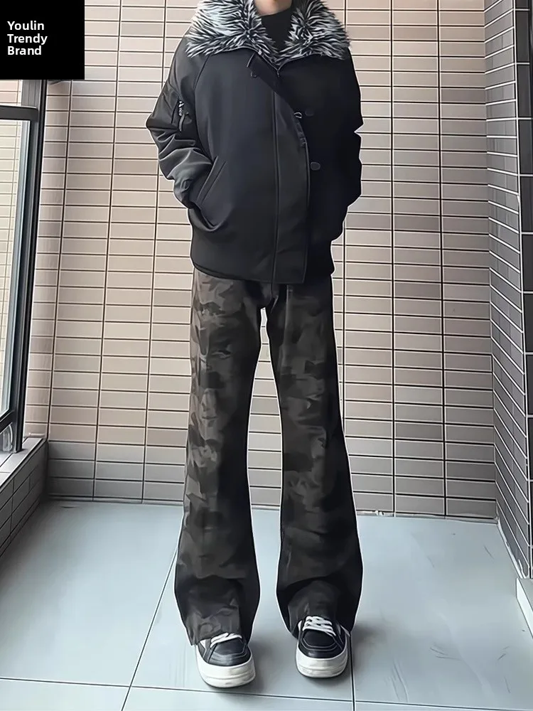 

American Retro Camouflage Flared Jeans Men's Winter Fce High Street Vibe Slim Straight Workwear Pants Youth Casual Sle