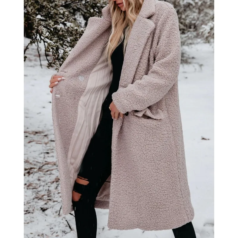 2023 Winter New Women Long Below The Knee Solid Color Plush Coat Female Temperament Slim Casual Thicken Warm Lambs Wool Outwear