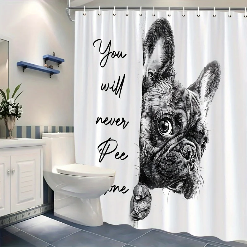 1pc Funny Shower , Humorous Pet French Bulldog, Dog Bathroom Decoration Hanging Curtain, Artistic Creative Window Cur