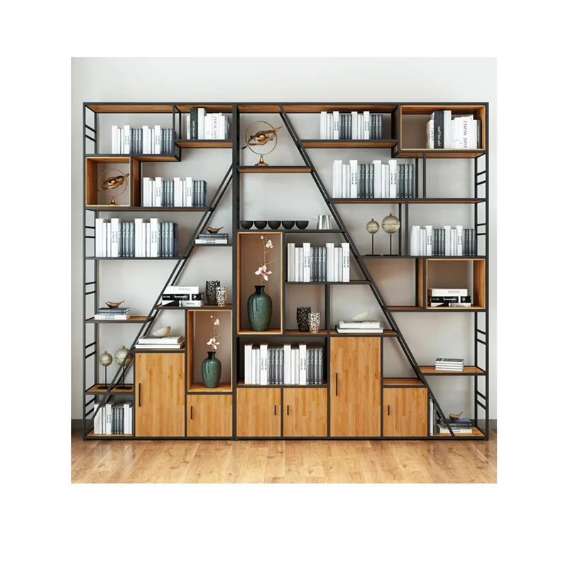 Wrought iron shelves, bookshelves, bookcases, floor-to-ceiling solid wood, modern simple living room, office