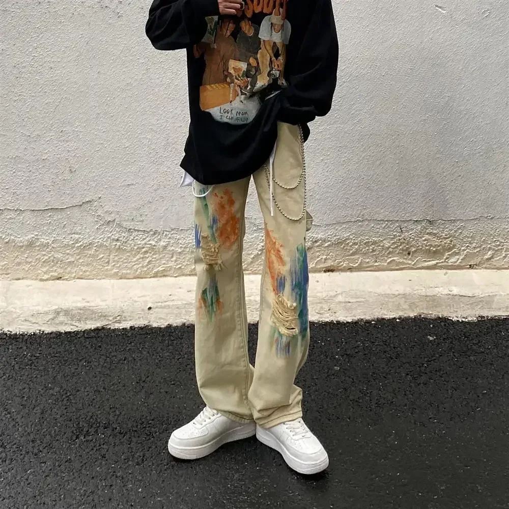 

Trousers Torn Washed Man Cowboy Pants with Holes Men's Jeans Hip Hop Ripped Retro Straight Broken Korean Fashion Y2k Vintage Xs