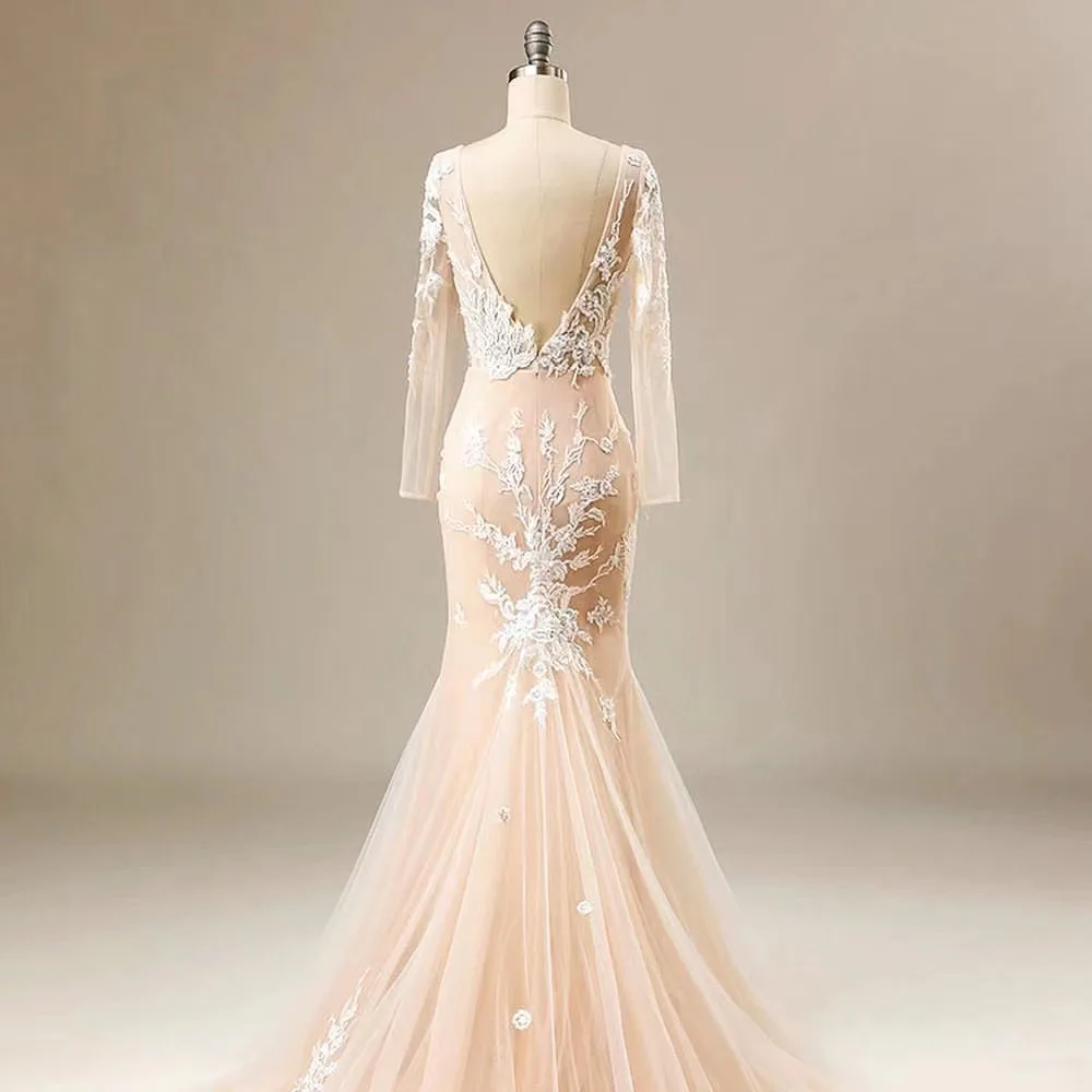 Robe de mariée sirène élégante de luxe, doublure rose ivoire, avec des Appliques en dentelle, sans manches, longue, robes de cérémonie de mariage, 2022