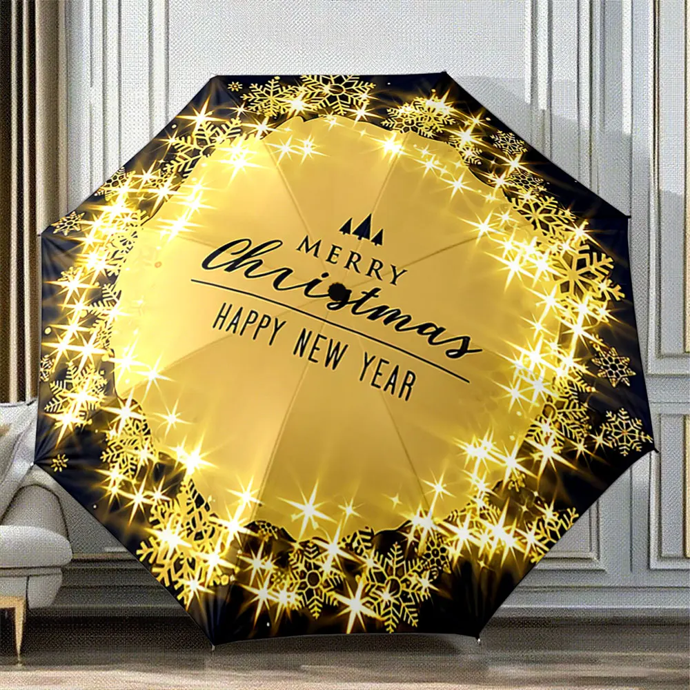 Gold Christmas Snowflake Design Foldable Umbrella portable waterproof sun rain umbrella for outdoor travel beach