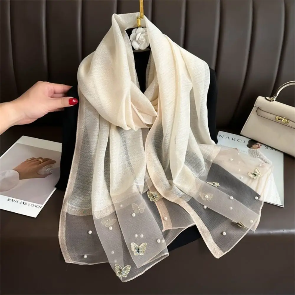 

Fashion Thin Silk Scarf Large Pearl Butterfly Embroidery Scarf Luxury Foulard Women Hijab Shawls Lady