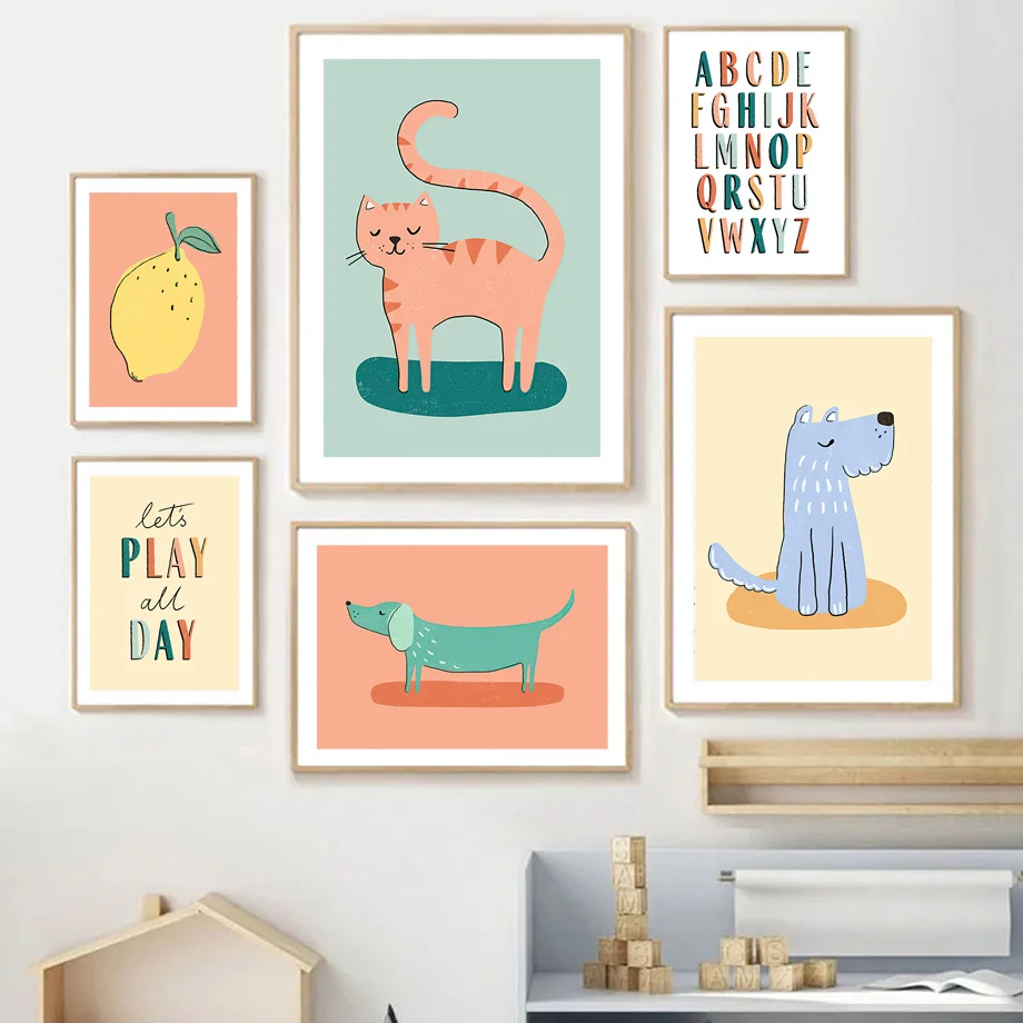 Blue Dog Pink Cat Lemon PosterAnimals Wall Art Mural Print Colourful Alphabet Canvas Painting Wall Picture Baby Kids Room Decor