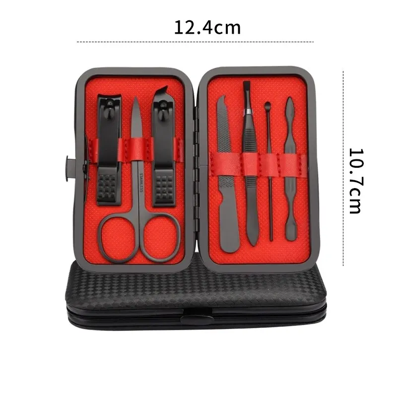 Conjunto de unhas de 7 peças em aço inoxidável, elegante, preto, cortador de unhas, lixa de unhas, manicure completa, ferramentas de beleza