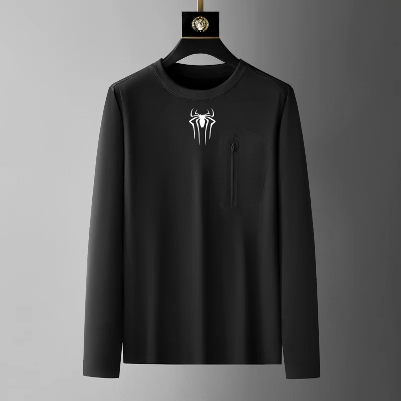 Men's new round neck solid color long sleeved T-shirt luxury brand fashion spider print high-quality sports and leisure top